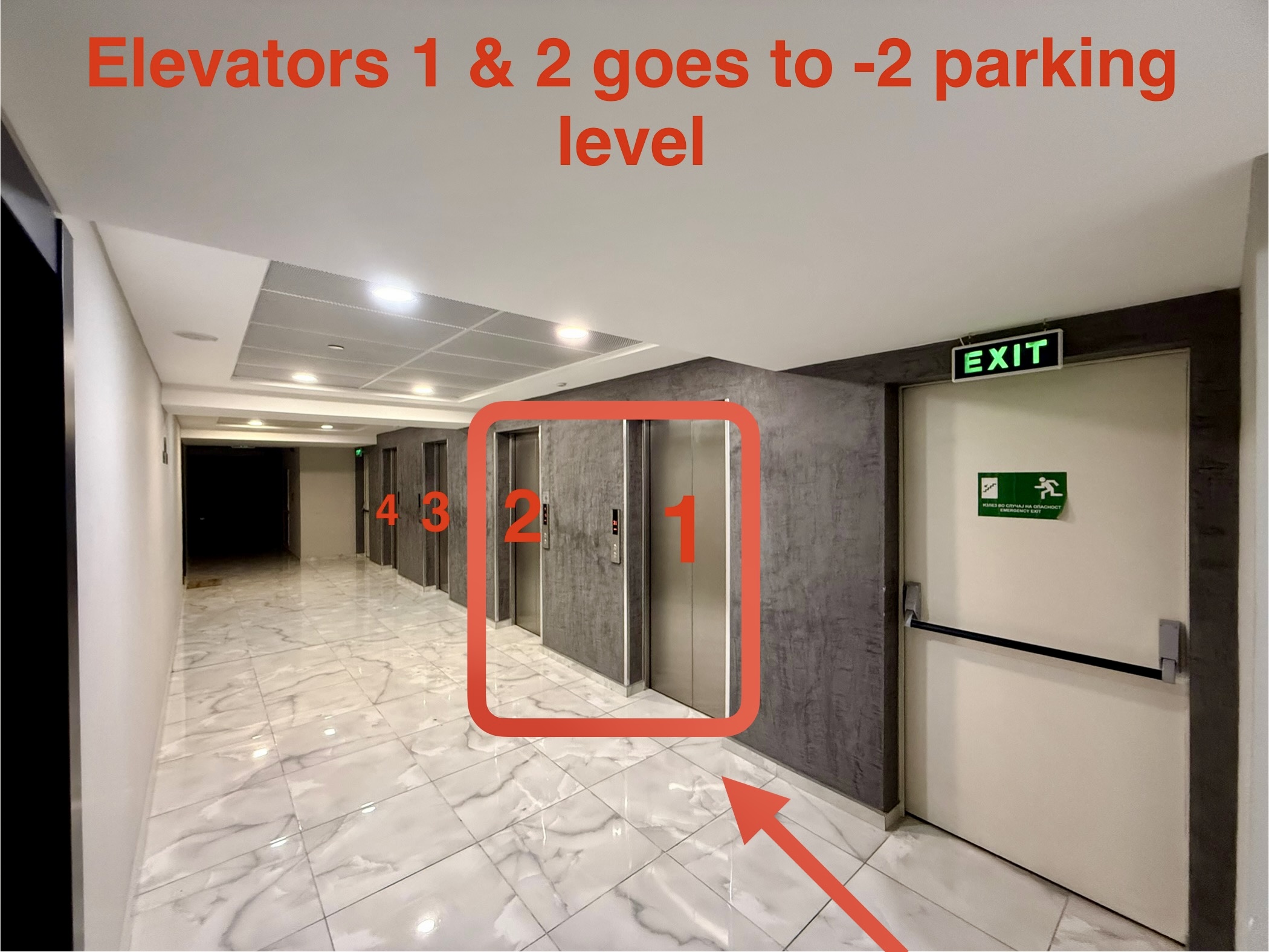 Elevators 1 & 2 go to -2 parking level