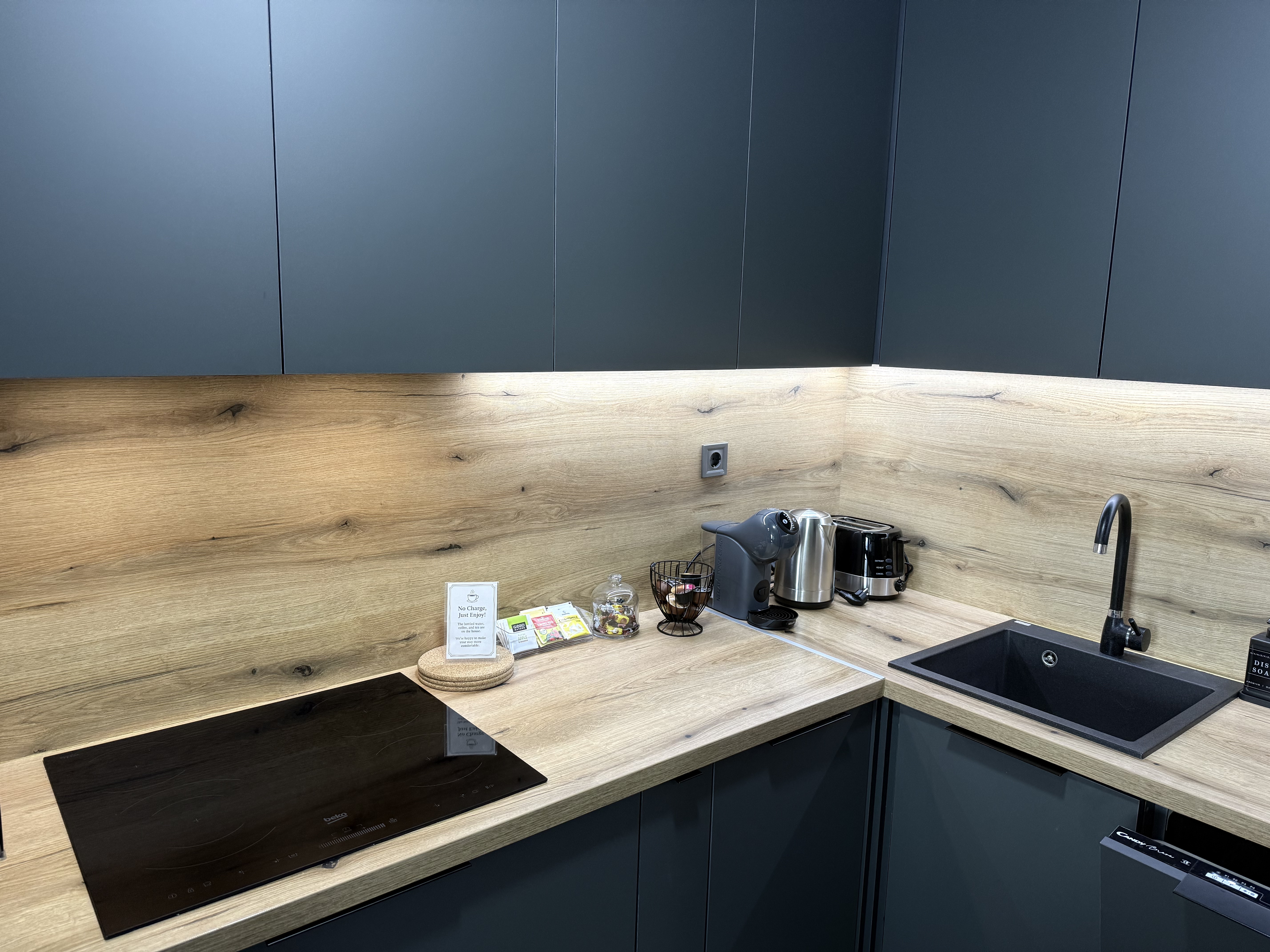 Kitchen area with ambient lighting