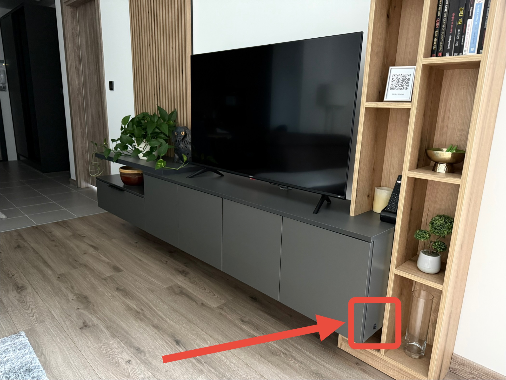 Switch location near the lower right side of the cabinet