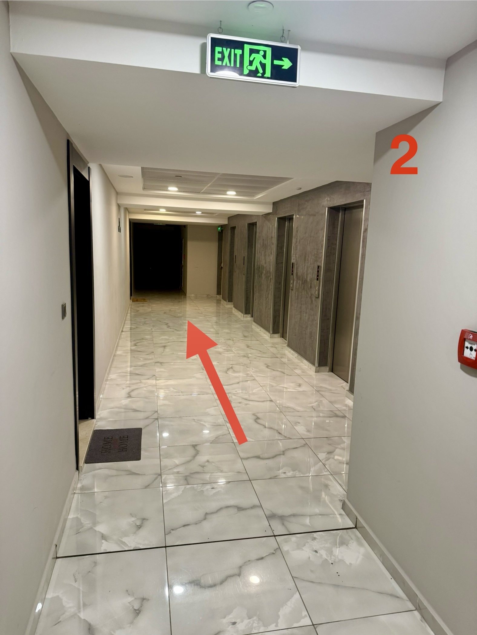Walk straight to elevators area